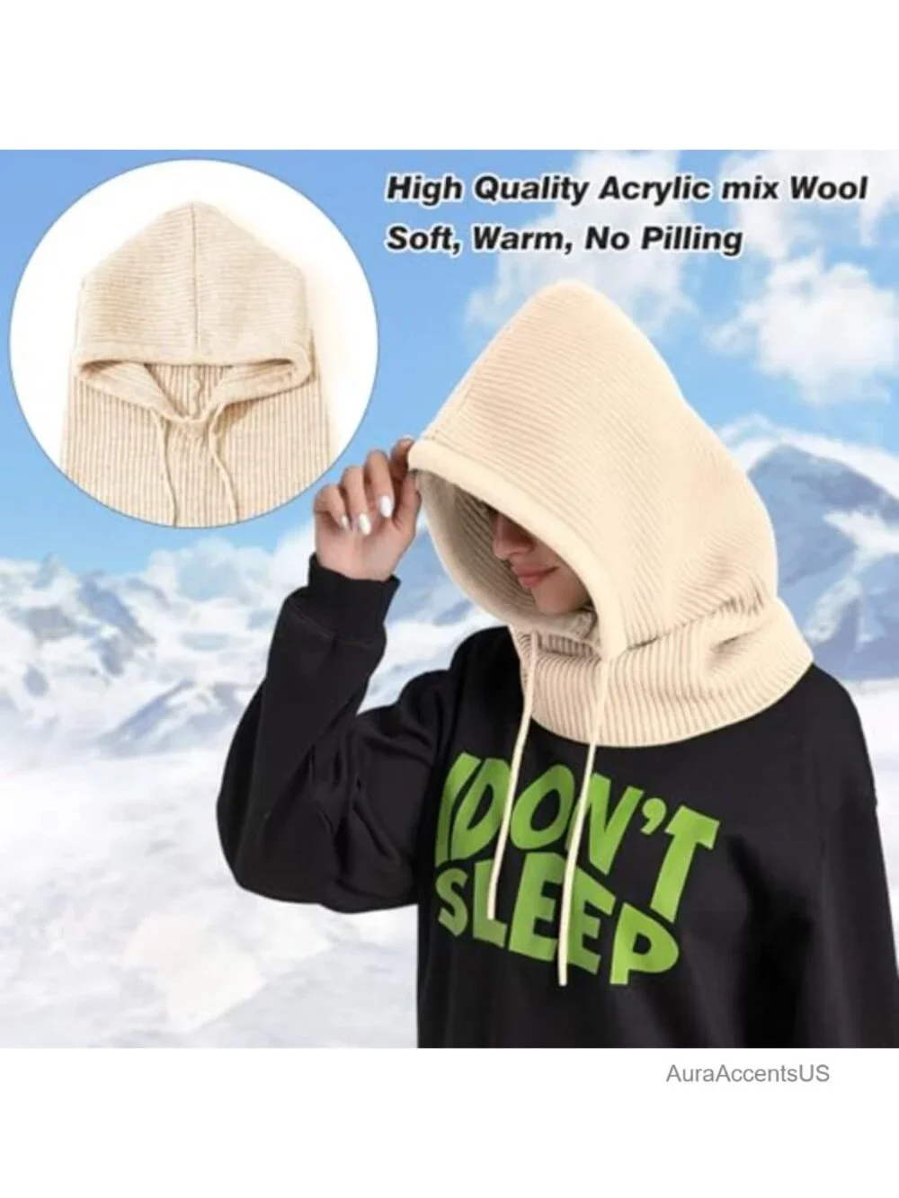 Oversize Knit Balaclava Hooded Scarf Hat Winter Neck Gaiter for Women Men